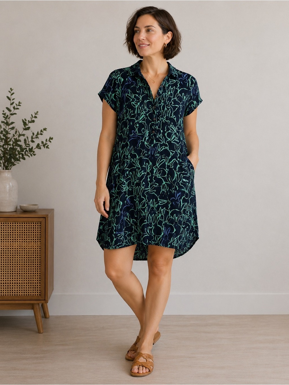 Maeve Anthropologie Bunny Print Shirt Dress Navy Short Sleeve Tunic Size 4